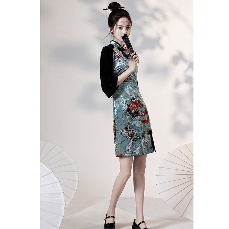 [YUEQIAO Series]★Cheongsam dress★Short length velvet Chinese style dress print retro