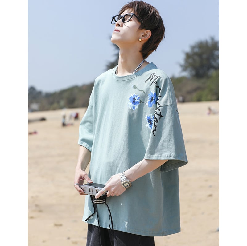 [MANYSTON Series]★T-shirt★ Tops 3color Unisex Men's Short Sleeve Floral Pattern Blue White Black Casual