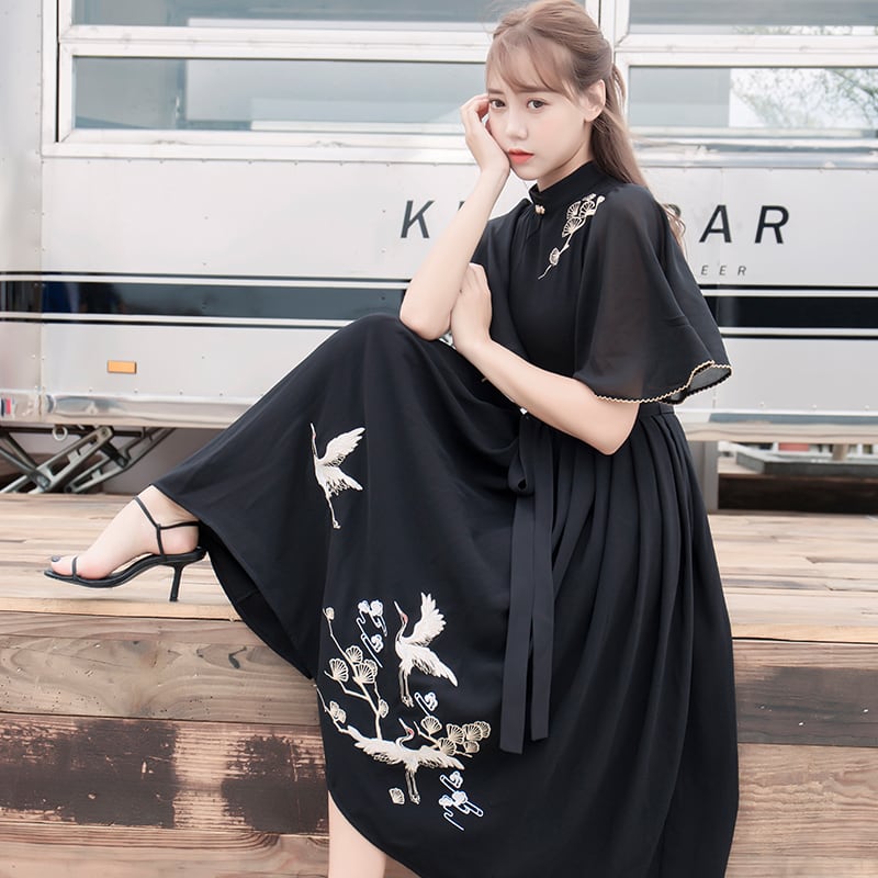 [My Family's Series] ★Chinese-style dress★ Crane embroidery, short sleeves, thong length, A-line, Chinese elements, casual wear, black