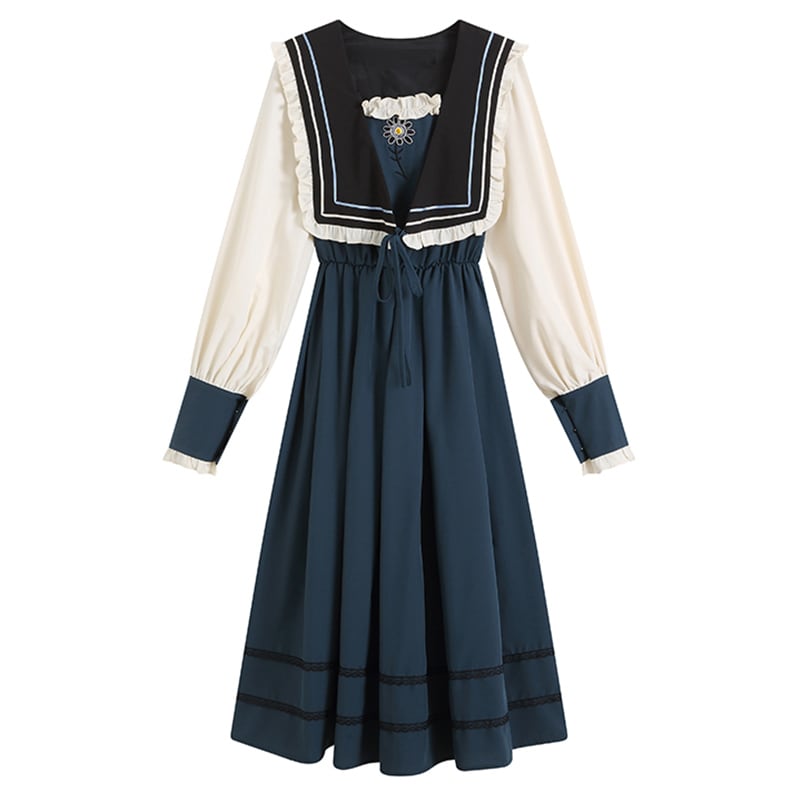 [Shokensho Series] ★Long dress★ JK style sailor uniform color scheme cute Lolita clothes retro blue blue