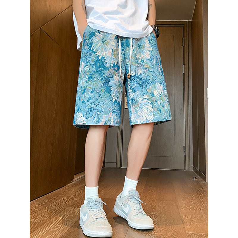 [WRZB Series]★Pants★ Oil Painting Style Shorts Shorts Unisex Men's Blue Blue Large Size