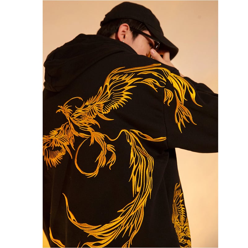 [Machiha clan series]★China style hoodie★ 2color black or white gold phoenix red phoenix embroidery stylish unique unisex men's