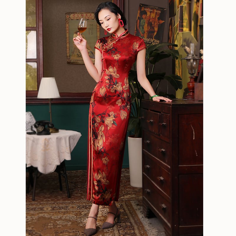 [Four Little Sisters Series] ★Luxury Silk Cheongsam Dress★ One Piece Short Sleeve Slit Red Red Slimming Wear