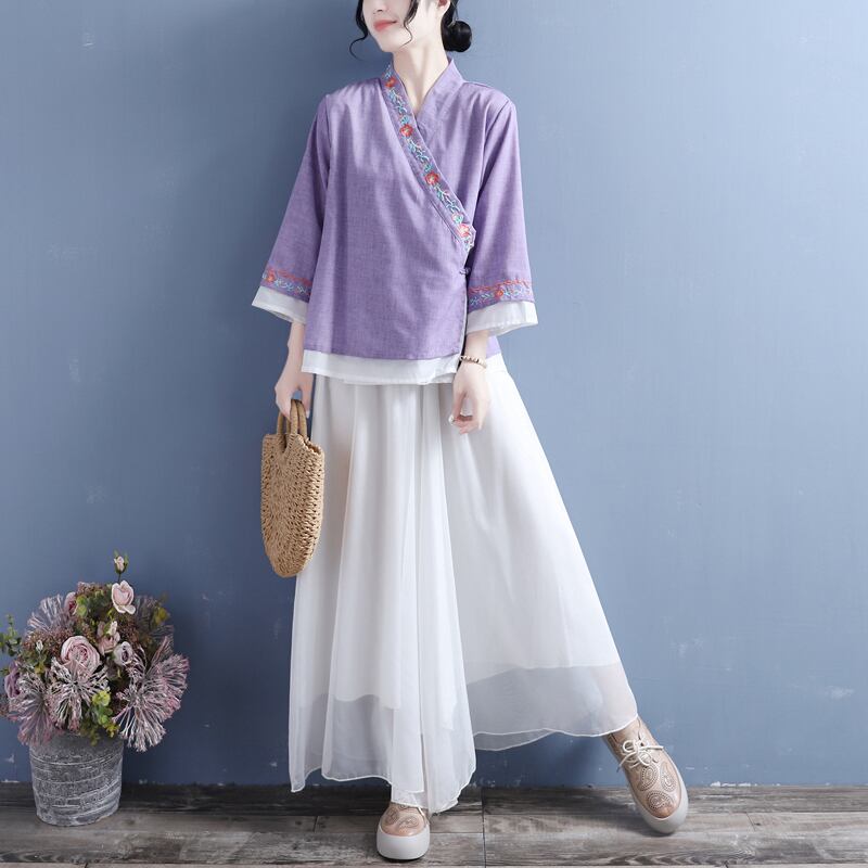 [Qing Series]★China style shirt★ Tops 5 colors White Pink Blue Purple Blue Green V-neck Embroidery Three-quarter sleeves