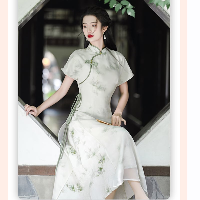 [Tatsuko Chenis Series] ★China style dress★ 2color dress coming of age ceremony girls' night out date short sleeve dress summer clothes green beige chiffon cool