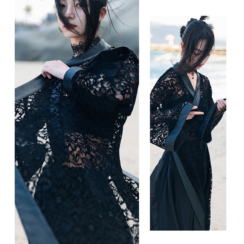 [Big Blue Dragon Series] ★Chinese style dress★ Lace openwork sexy switching black black