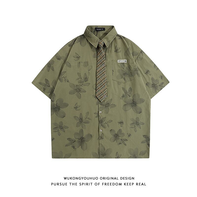 [HTTAOSUP Series]★Shirt with tie★ 3color tops, short sleeve shirt, floral pattern shirt, unisex, men's brown, green, beige