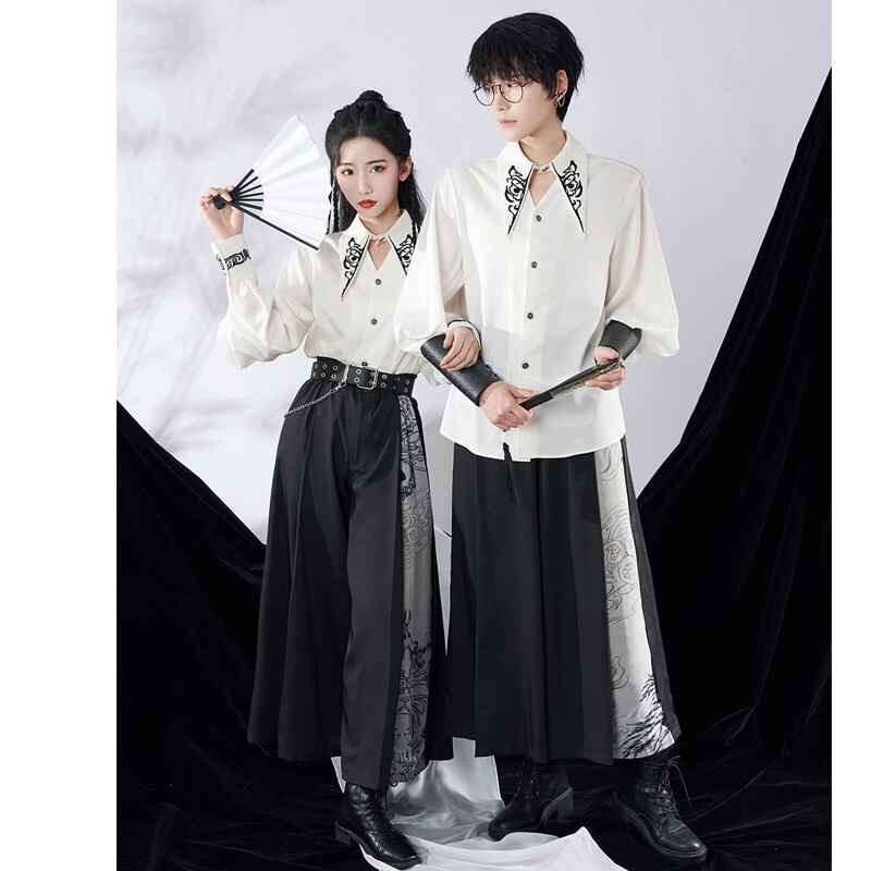 [Kyodo Series]★China style shirt★2color tops embroidery unisex black white black white easy to match