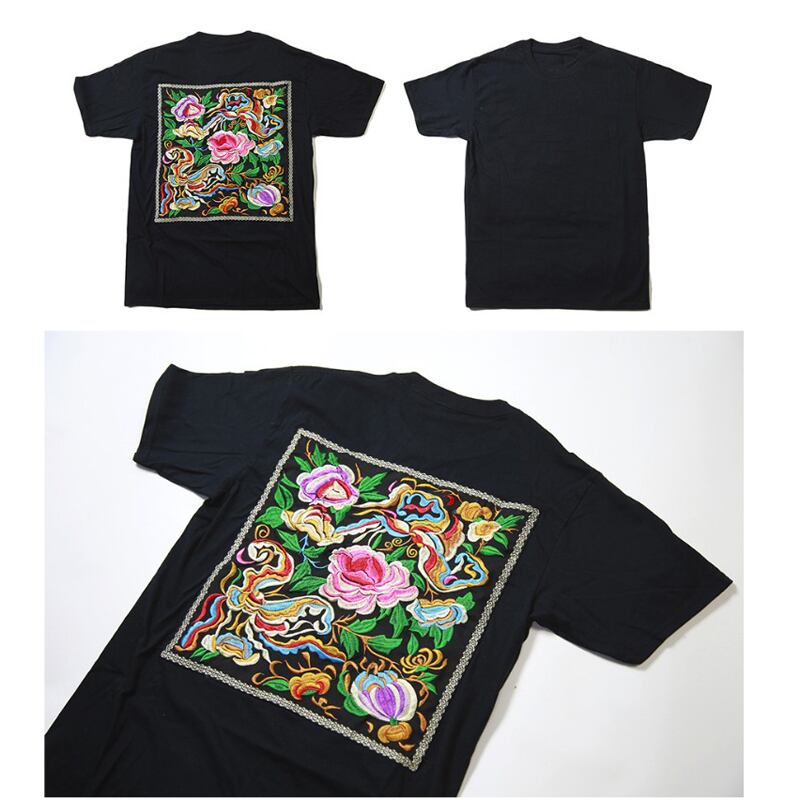 【楊二大夢シリーズ】★チャイナ風Tシャツ★ トップス 刺繍 民族風 ブラック 黒い 半袖Tシャツ オリジナル