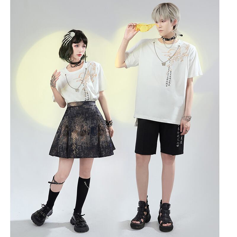 [Kyodo Series]★China style T-shirt★ Tops 2color Unisex Men's Embroidery with chain Butterfly Cotton