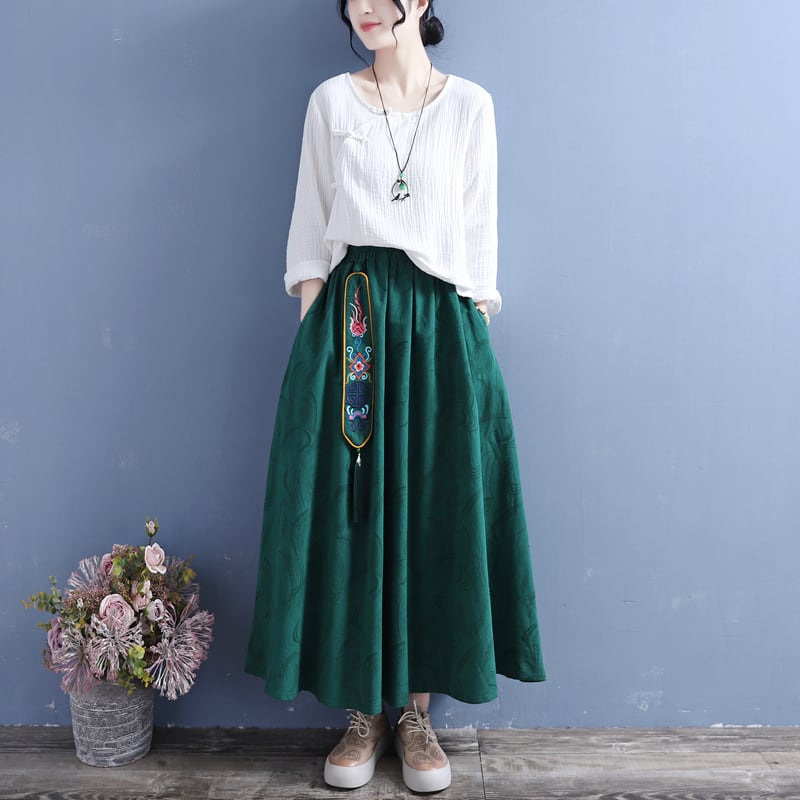 [Qing series]★China style skirt★ 3color Green or red or black Bottoms Embroidered Cotton Linen Casual Green Black Red