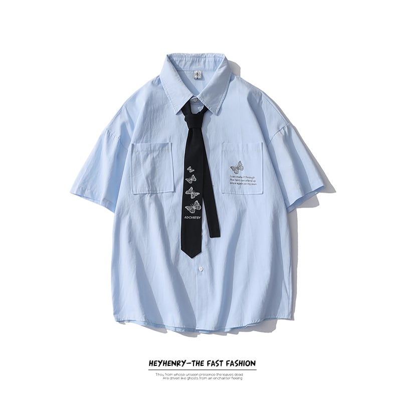 [SEVENSUP Series]★Shirt with tie★ 2color tops short sleeve shirt unisex men's butterfly blue white