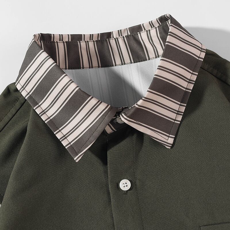 [BIGEMAN Series]★Shirt★ Tops 2color Unisex Men's Large Size Vertical Stripes Green Green Faux Layered