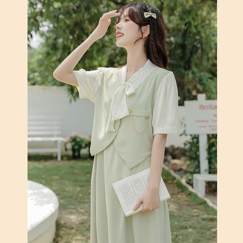 [Ali Series] ★One Piece★ Faux Layered Ribbon Commuting Wedding Date Office Summer Clothes Green Green