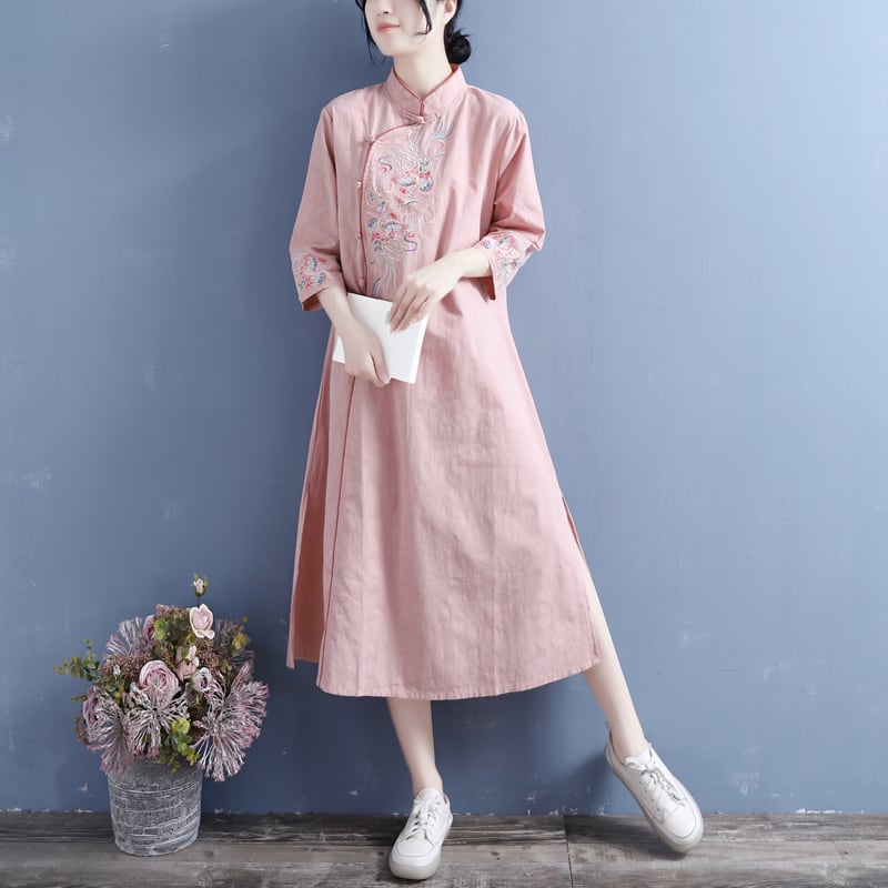 [Qing series] ★China style dress★ 4 colors, floral pattern, cotton, linen, white, blue-green, pink, yellow, spring, autumn, 3/4 sleeves