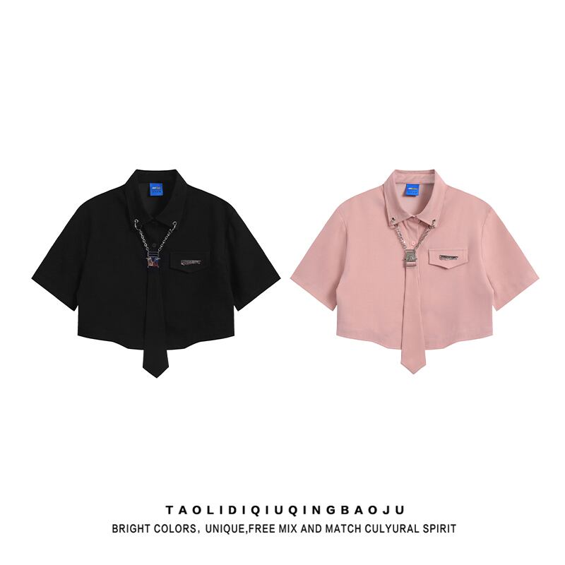 [Escaped Earth Series] ★Shirt with tie★ 2color tops SML black pink mini length unique