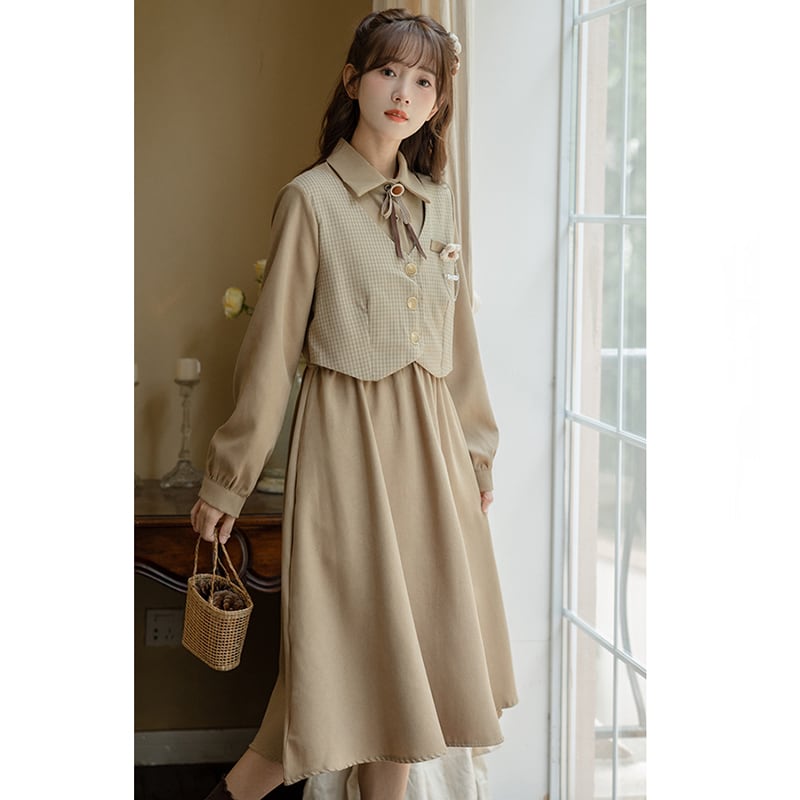 [Minami no Mori Series] ★One Piece★ 2color Faux Layered Fashion Ladies Switching Ribbon Wine Red Khaki Brown