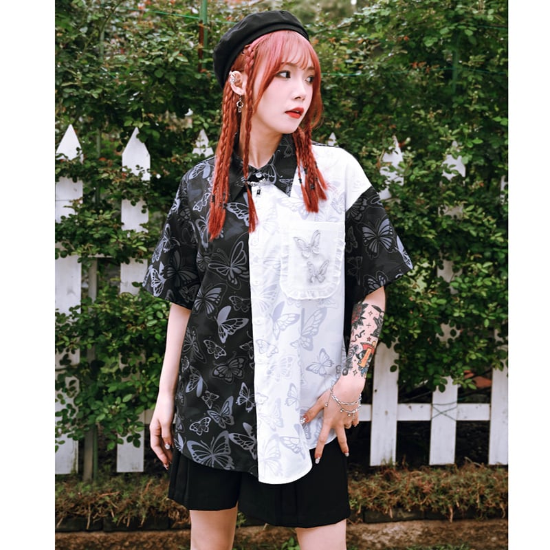 [Ancient monster house --- Butterfly series]★China style shirt★ Tops short sleeve shirt black black butterfly print color scheme