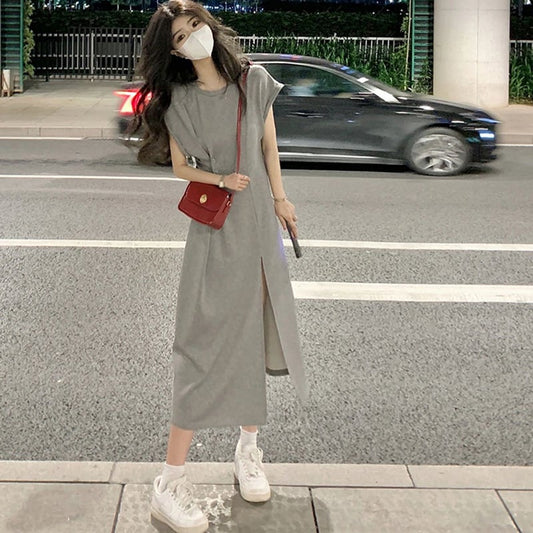 [SHIBAYUE Series] ★One Piece ★ Short Sleeve Women's Fashion Cute Slit Improves Temperament Gray Gray