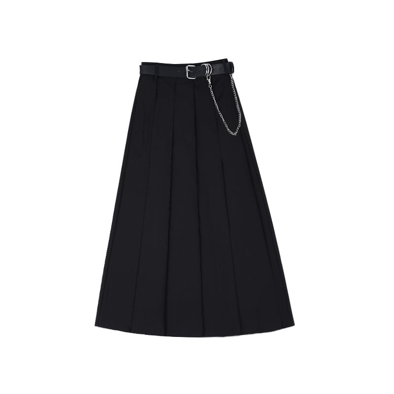 [Daiseiryusu Series] Long Skirt with Belt, Pleated Skirt, Elegant, Slimming, Black