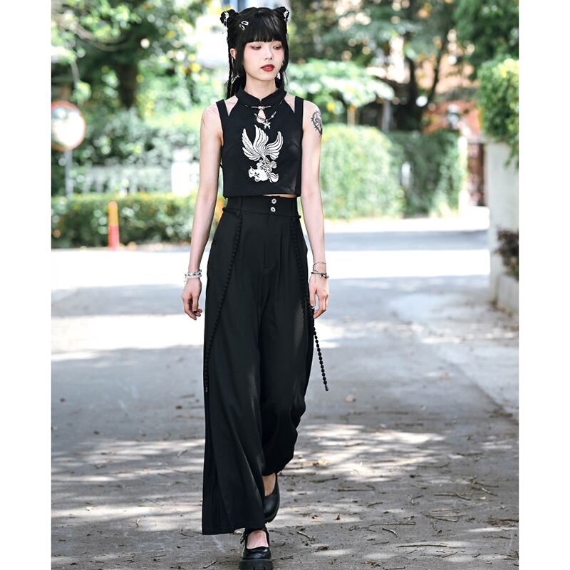 [Ancient monster---Long wind series]★China style pants★Bottoms Gaucho pants with belt Black Black