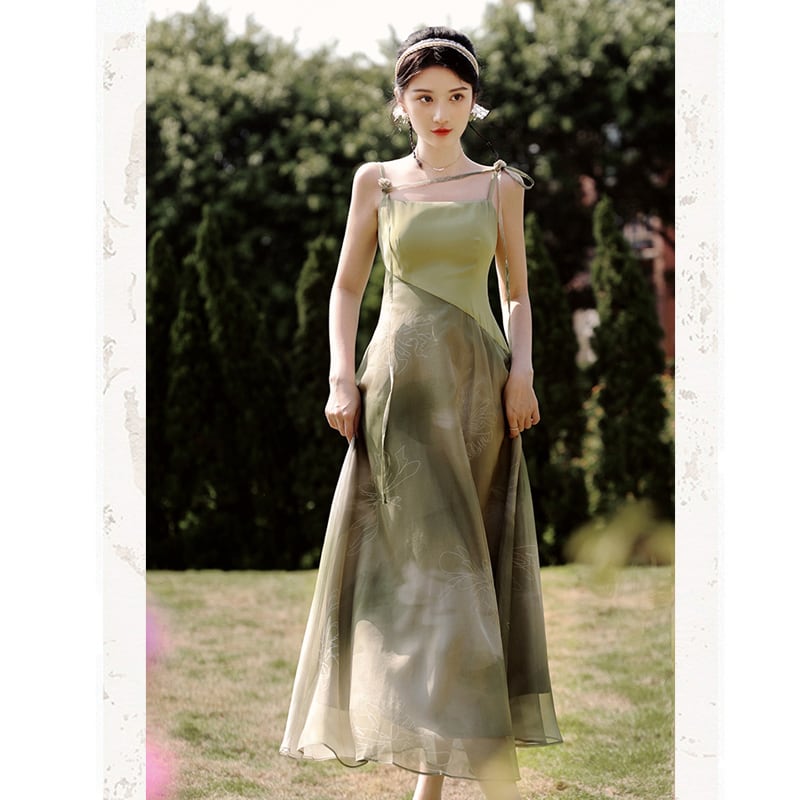 [Az Suna Series]★Setup★ Thin outerwear + hanging dress, Republic style, Green, Improves temperament, Wedding