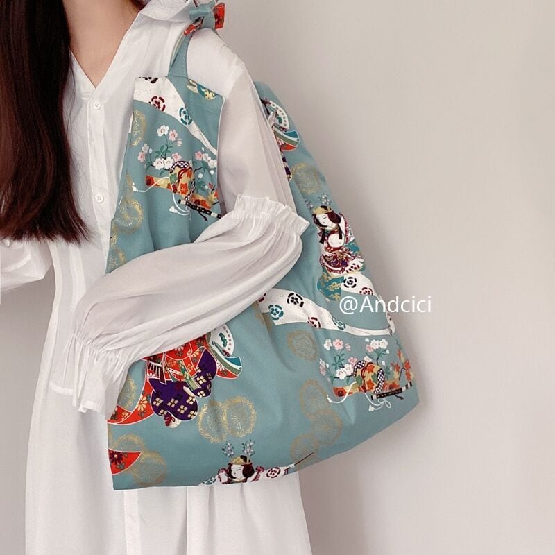 [ANDCICI Series]★China style bag★ Floral pattern, human pattern print, retro, commuting, office, large capacity, casual, green, green