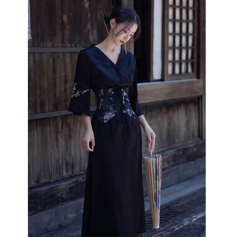 [Az Suna Series] ★Chinese style dress + obi★ Hanfu dress V neck S M L XL date girls' night out black black