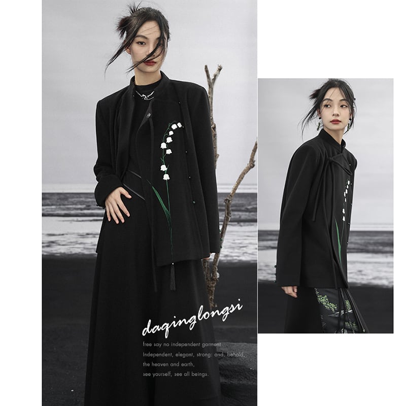 [Big Blue Dragon Series] ★Chinese style outerwear★ Blazer Lily of the Valley Rasha Embroidery Chinese Clothes Black Black