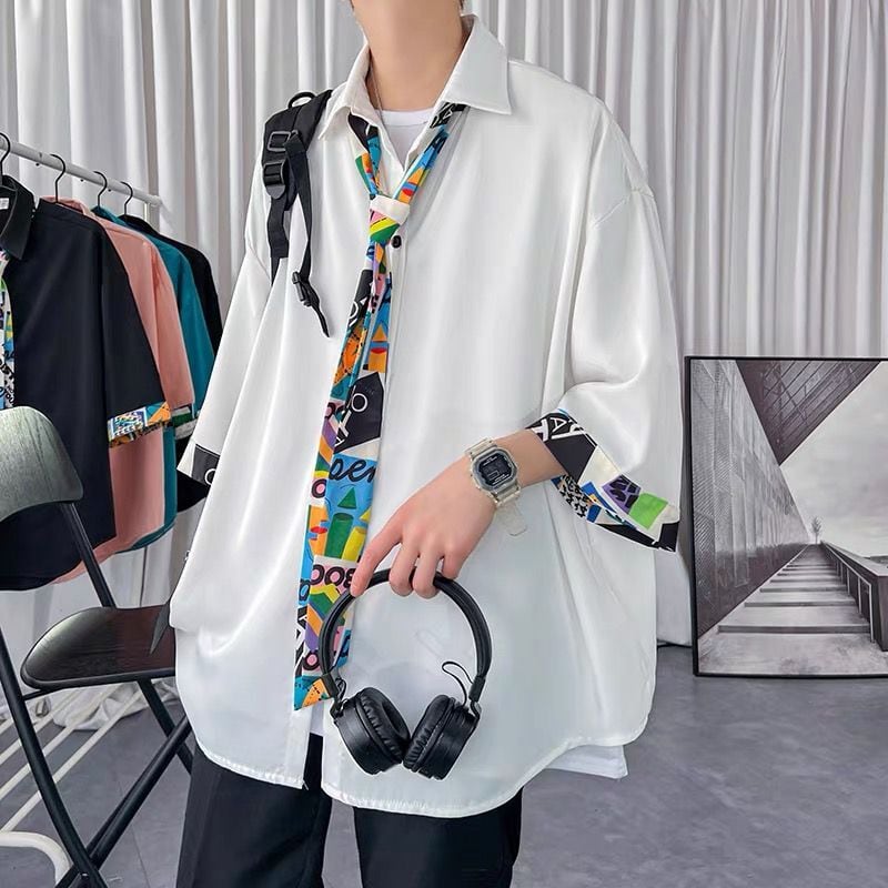 [LANGGUANGHU Series]★Shirt with tie★ 4 colors, floral pattern, casual, Harajuku style, unisex, men's green, black, white, blue