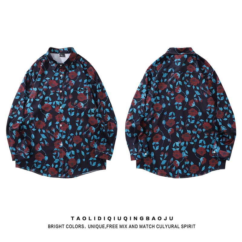 [HTTAOSUP Series]★Shirt★ Tops Floral pattern shirt Long sleeve shirt Unisex Men's ML XL 2XL Blue Red