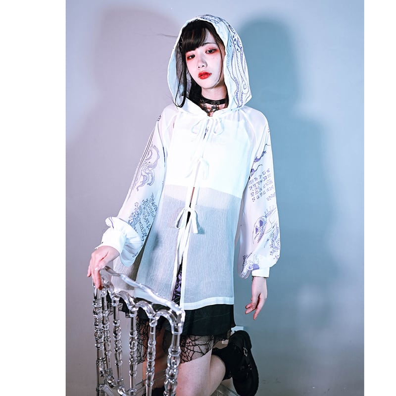 [Kokaisha---Monster CLUB Series] ★China style outerwear★ 2color tops with hat printed long sleeves summer spring thin sheer ML XL