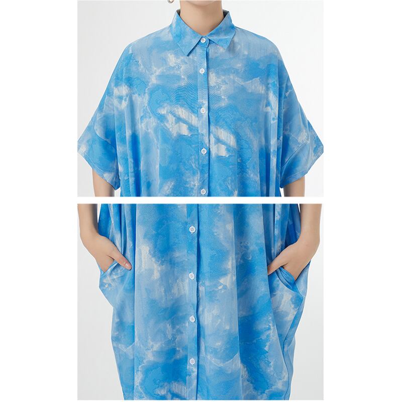 [YIDAO Series]★Shirt dress★ 2color long shirt print retro floral pattern loose blue gray summer clothes