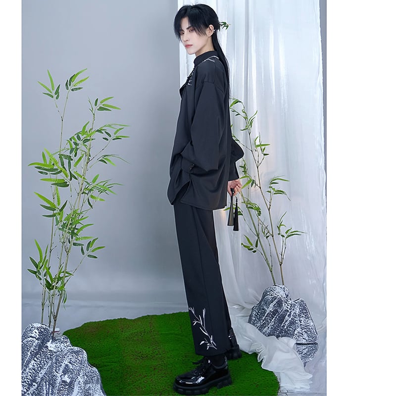 [Kuraho Koya Series]★China style trousers★Bottoms Bamboo embroidery Unisex Men's Black Black