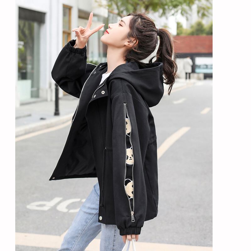 [QIZHI Series]★Jacket★ 3color Outer Panda with Hat Cute Casual Black Beige Blue