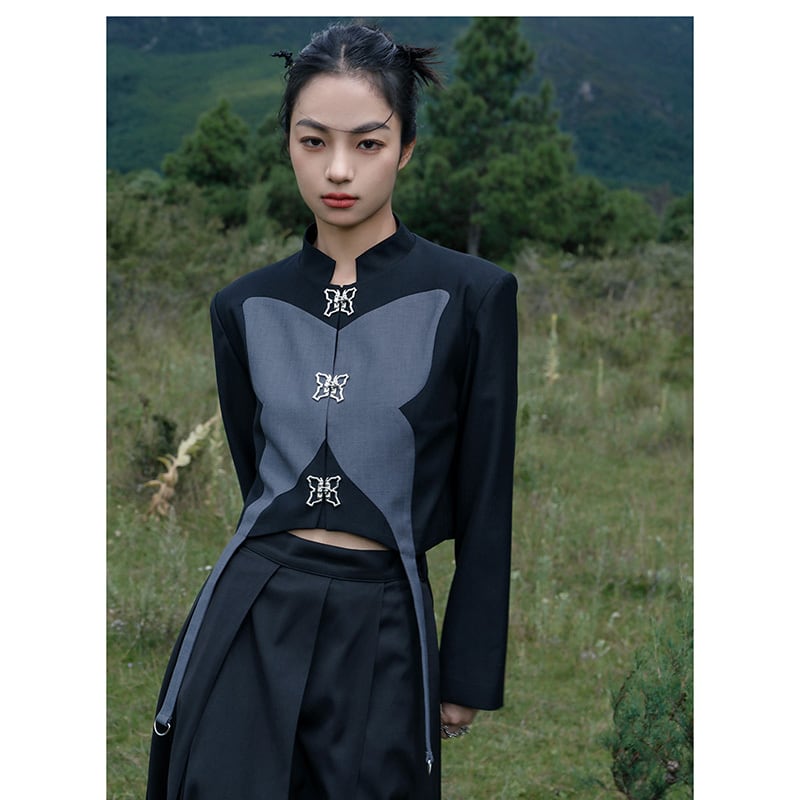 [Big Blue Dragon Series] ★China style outerwear★ Mini length Butterfly design Original black gray color scheme