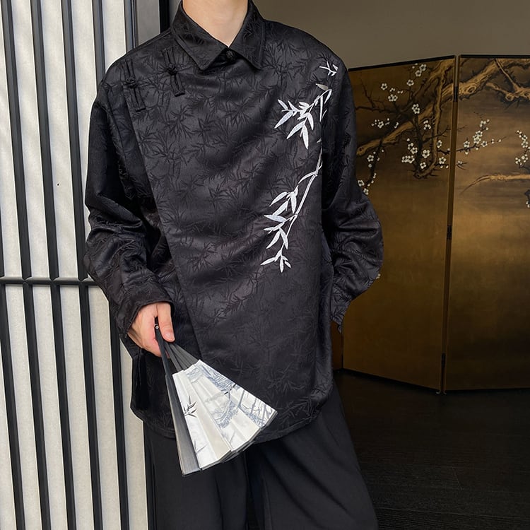 [Illustrated series] ★China style shirt★ 2color tops embroidery bamboo unisex men's black apricot