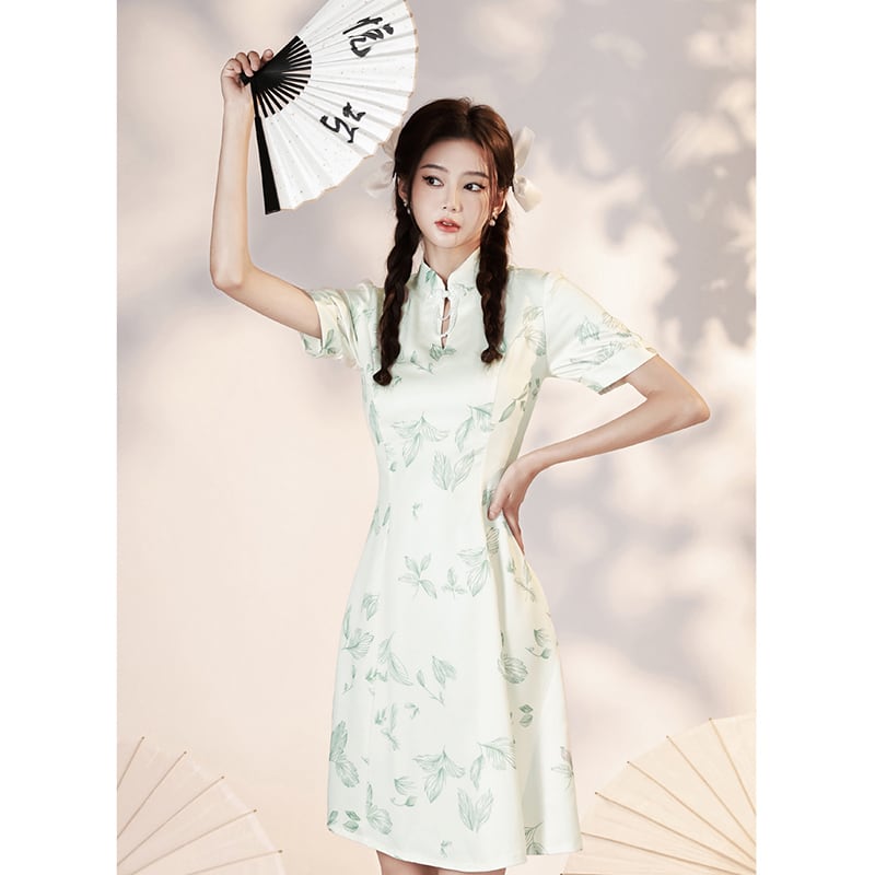 [YUEQIAO series]★Cheongsam dress★ 2color short length Chinese style dress Beige Green