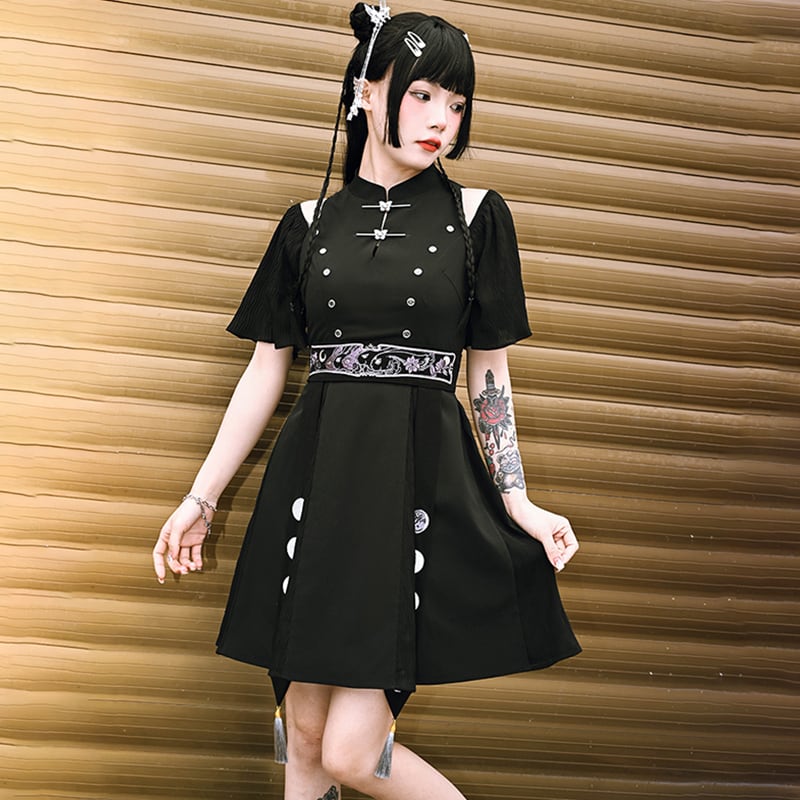 [Kokaisha---Dark Series]★China style dress★ Off-the-shoulder short length slimming original black black SML date