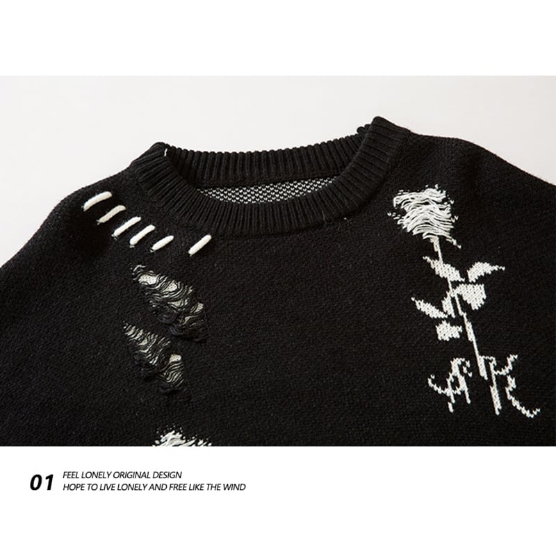 [Feel lonely series]★Sweater★ 2color tops Unisex Men's Distressed rose Harajuku style Unique