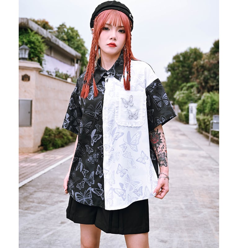 [Ancient monster house --- Butterfly series]★China style shirt★ Tops short sleeve shirt black black butterfly print color scheme