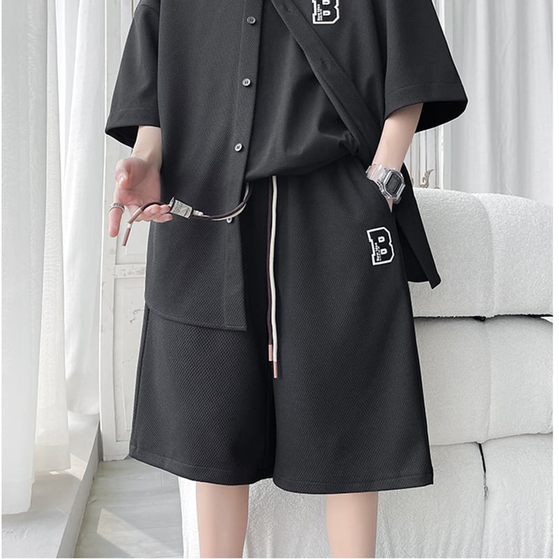 [BIGEMAN Series]★Setup★ Shirt + Shorts 2color Top and Bottom Set Unisex Men's Large Size Gray Black