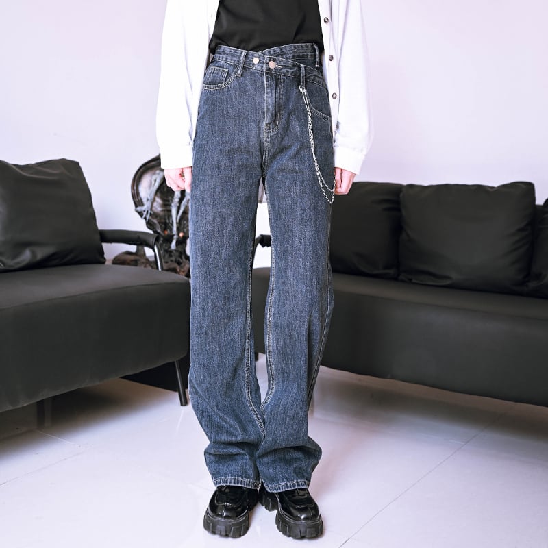 [Kokaisha---Tide Law Series] ★Denim pants with chain★ 2color bottoms slimming black gray blue SML XL