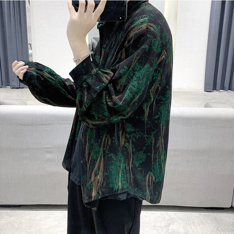 [Cotton Sleeve Series]★Shirt★ 2color Green or Red Tops Unisex Print Floral Pattern Green Red ML XL 2XL