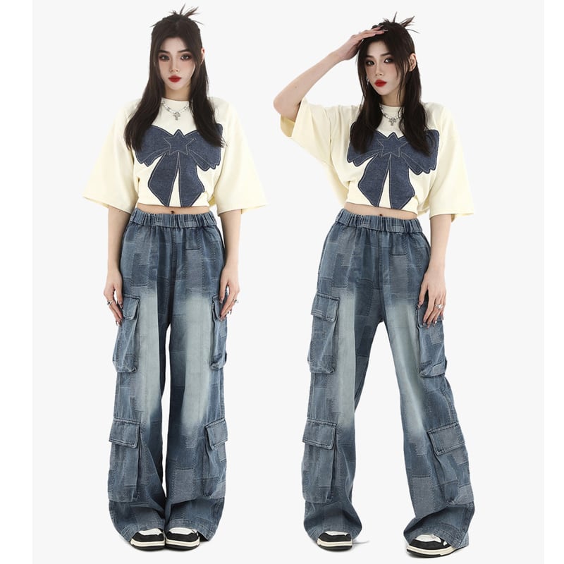 [Studios Series]★Denim Pants★ Bottoms Unisex Men's Trousers Plaid Pattern Elastic Waist Retro