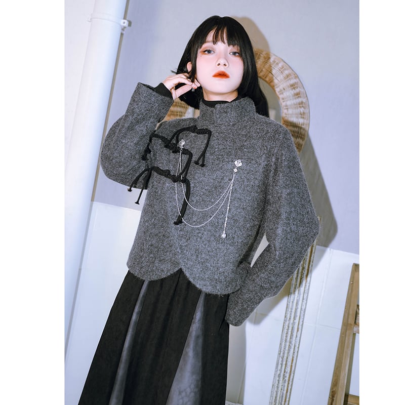 [Kokaisha---Ochienura Series] ★China style coat★ Lasha Quilted Winter Coat Short Length Gray