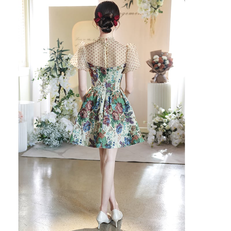 [WEIXIU Series] ★Party Dress★ One Piece Switching Floral Pattern Dot Pattern Short Length Cute Wedding