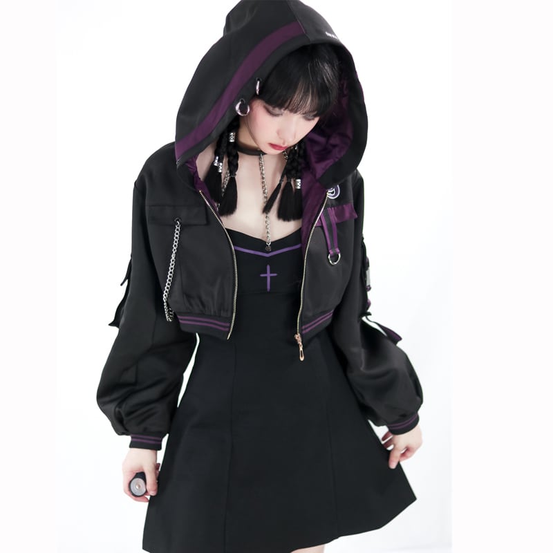 [Momoko Sakura Series] ★Jacket★ Outer mini length cute hooded black black easy to match