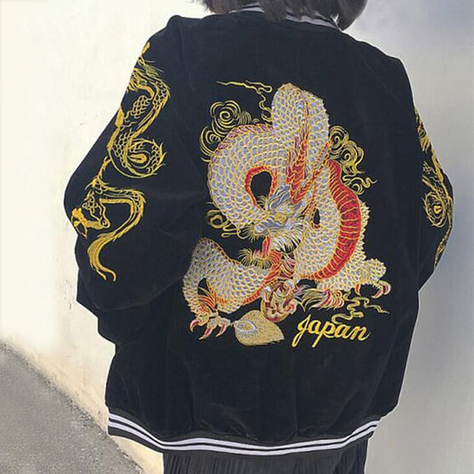 [Forever series]★China style outerwear★2color Black or red Dragon embroidered Dragon Dragon crest Stadium jacket Jacket Sukajan