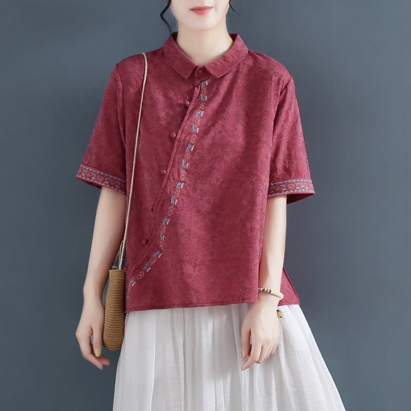 [Qing series] ★China style tops★ 4 colors cotton linen POLO neck white blue red orange